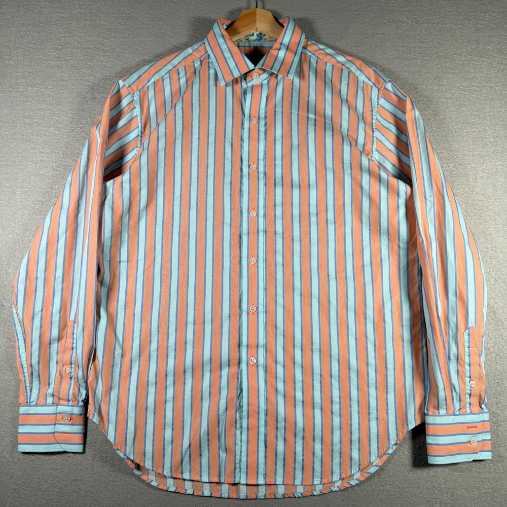 Robert Graham Mens Large Orange Blue Striped Long Sleeve Button Down Shirt L/G